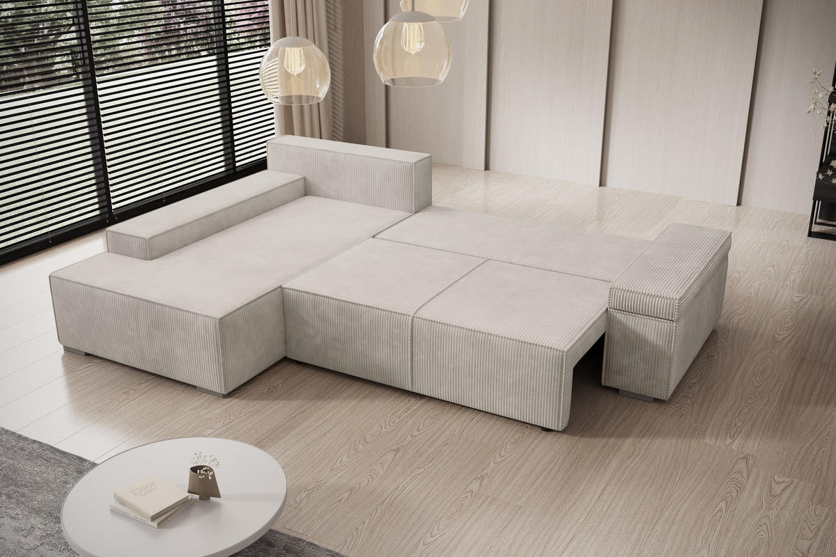 ECKSOFA Milo mit Schlaffunktion und Bettkasten, Couch L-Form, Cord-Stoff, 273x85x185 cm, Beige - Beige, Holz (185/273cm) - PROMETO Möbel
