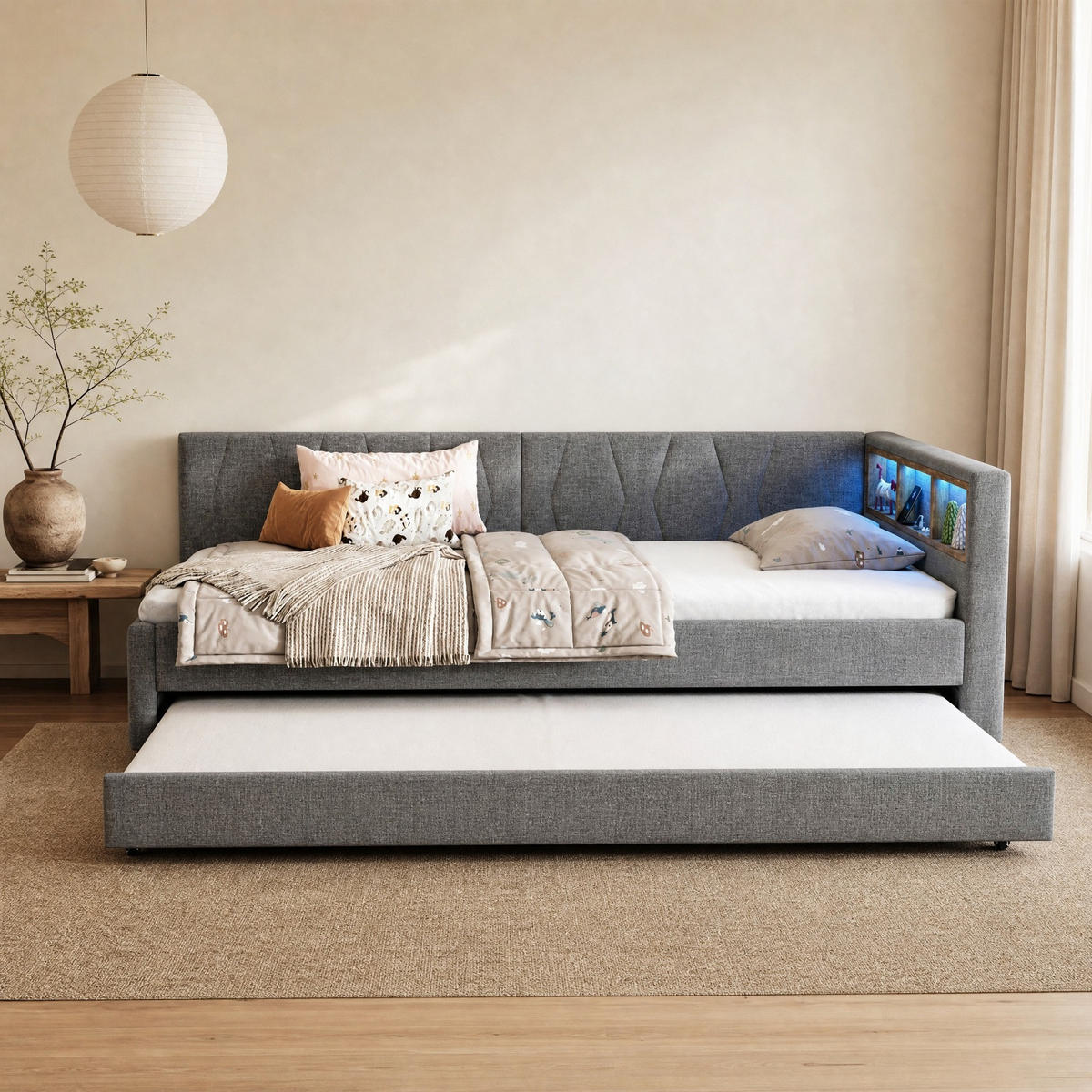 POLSTERBETT 90/200 mit Ausziehbett, mehrfarbiger LED-Lichtleiste, Kopfteil-Ablagen und USB/Type-C in Grau - Grau, Holzwerkstoff/Textil (90/200cm) - EVRYAE