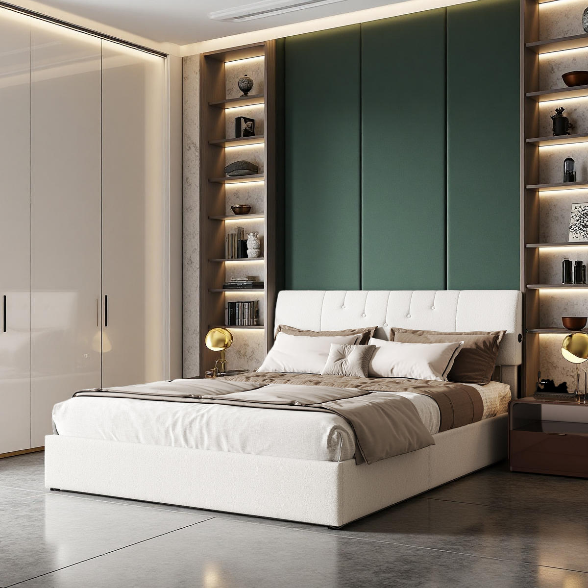 POLSTERBETT 140/200 cm creme Teddy mit Stauraum USB - Weiß, Holz