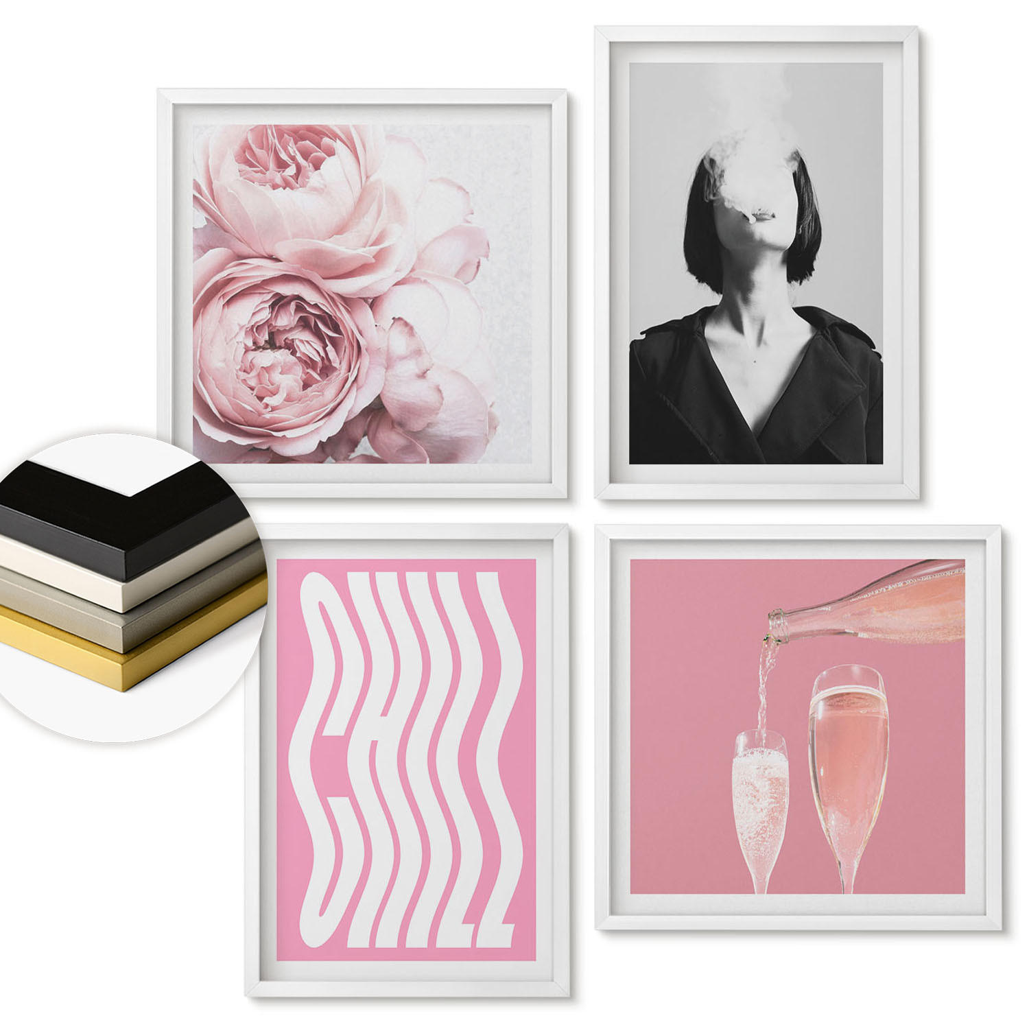 WANDBILDER 4er-Set - 50x50 cm & 40x60 cm Weißer Rahmen - Stilvolles Porträt mit Champagner - Weiß, Kunststoff (50/50cm) - ArtPrintCave