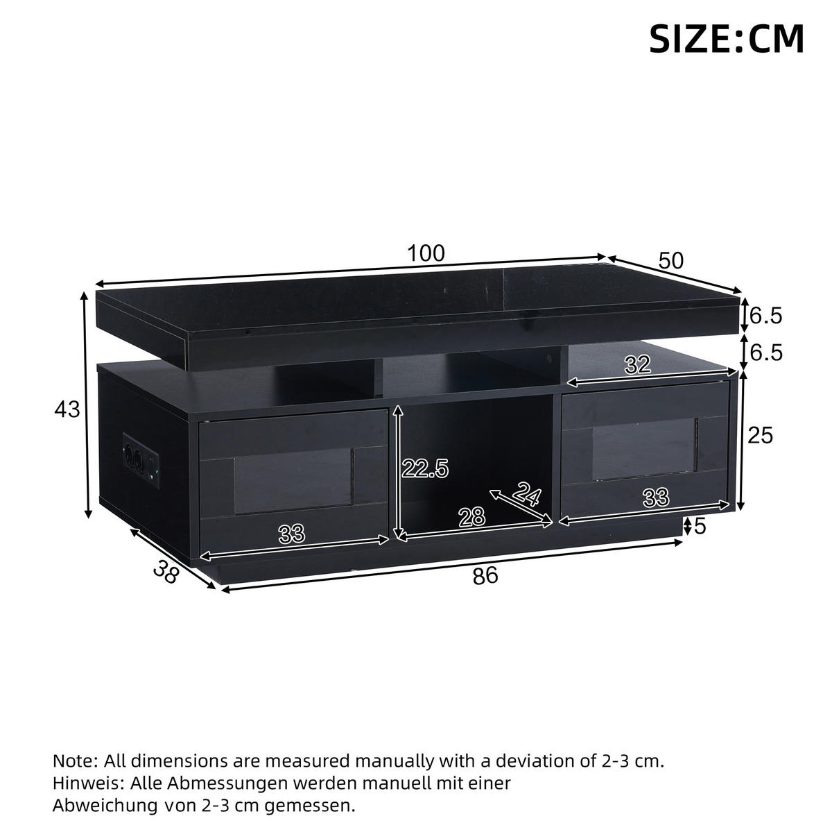 COUCHTISCH 100/50/43 cm Schwarz aus Spanplatte mit LED und Steckdose - Schwarz, Holzwerkstoff (100/50/43cm) - OKMYHOME