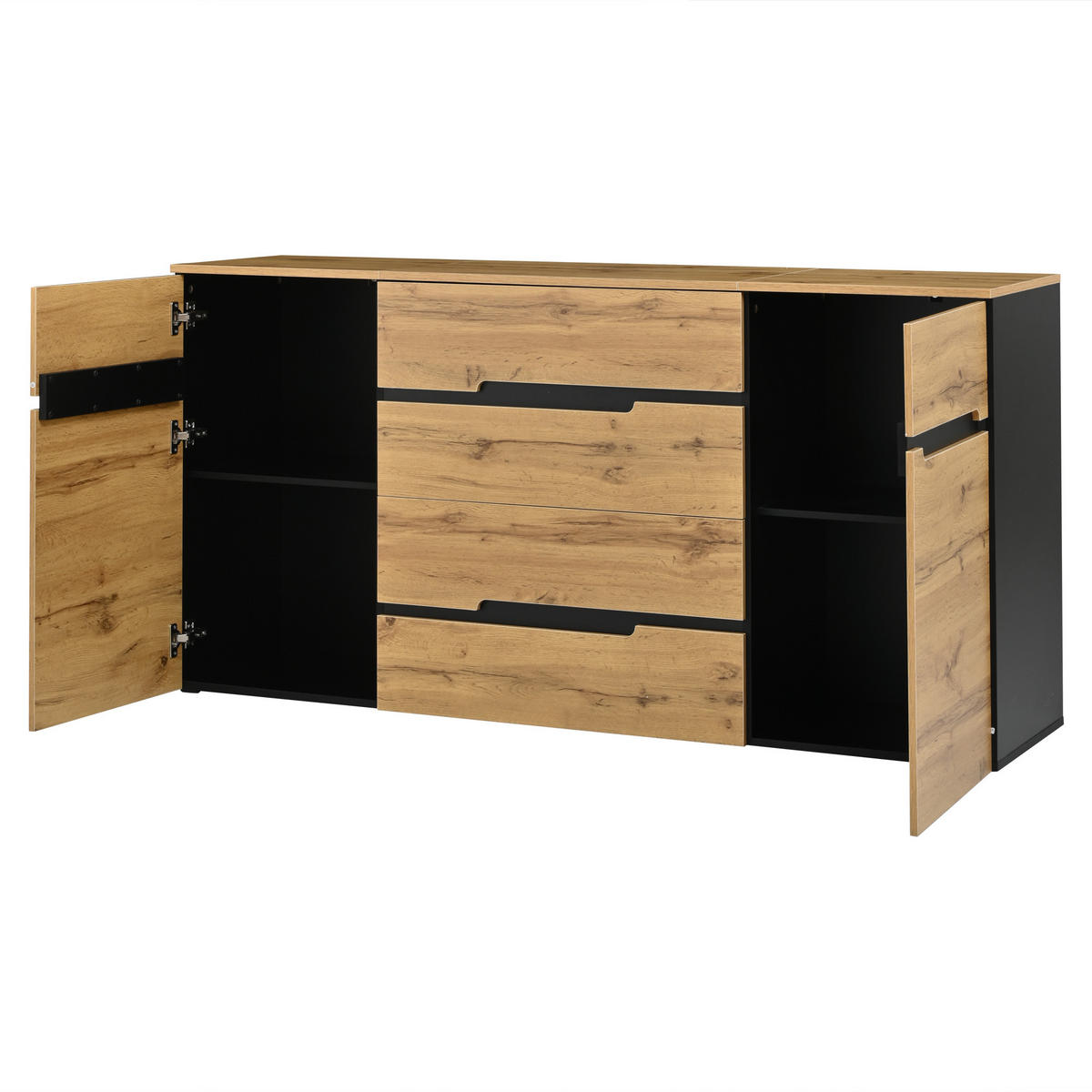SIDEBOARD DE-37819 mit 2 Türen und 4 Schubladen Holzfarbe/Schwarz - Naturfarben, Holzwerkstoff (160/80/40cm) - ComfortXL