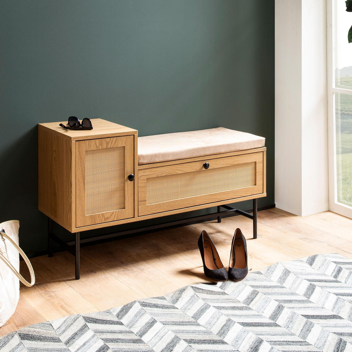 SCHUHBANK – Eiche-Dekor, 100x60x38 cm, Rattan-Elemente, gepolstert, mit Stauraum - Beige/Schwarz, Textil/Metall (100/60/38cm) - KADIMA DESIGN