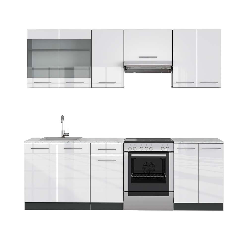 KÜCHENZEILE Fame-Line Weiß Hochglanz/Anthrazit 240 cm, AP Marmor - Weiß Hochglanz/Anthrazit, Holzwerkstoff (240/81.6/60cm) - Vicco