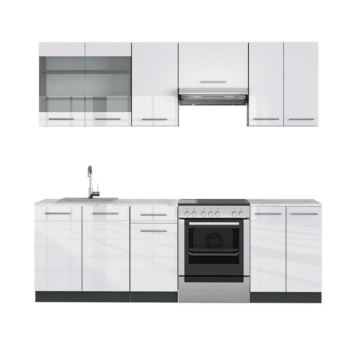 KÜCHENZEILE Fame-Line Weiß Hochglanz/Anthrazit 240 cm, AP Marmor - Weiß Hochglanz/Anthrazit, Holzwerkstoff (240/81.6/60cm) - Vicco
