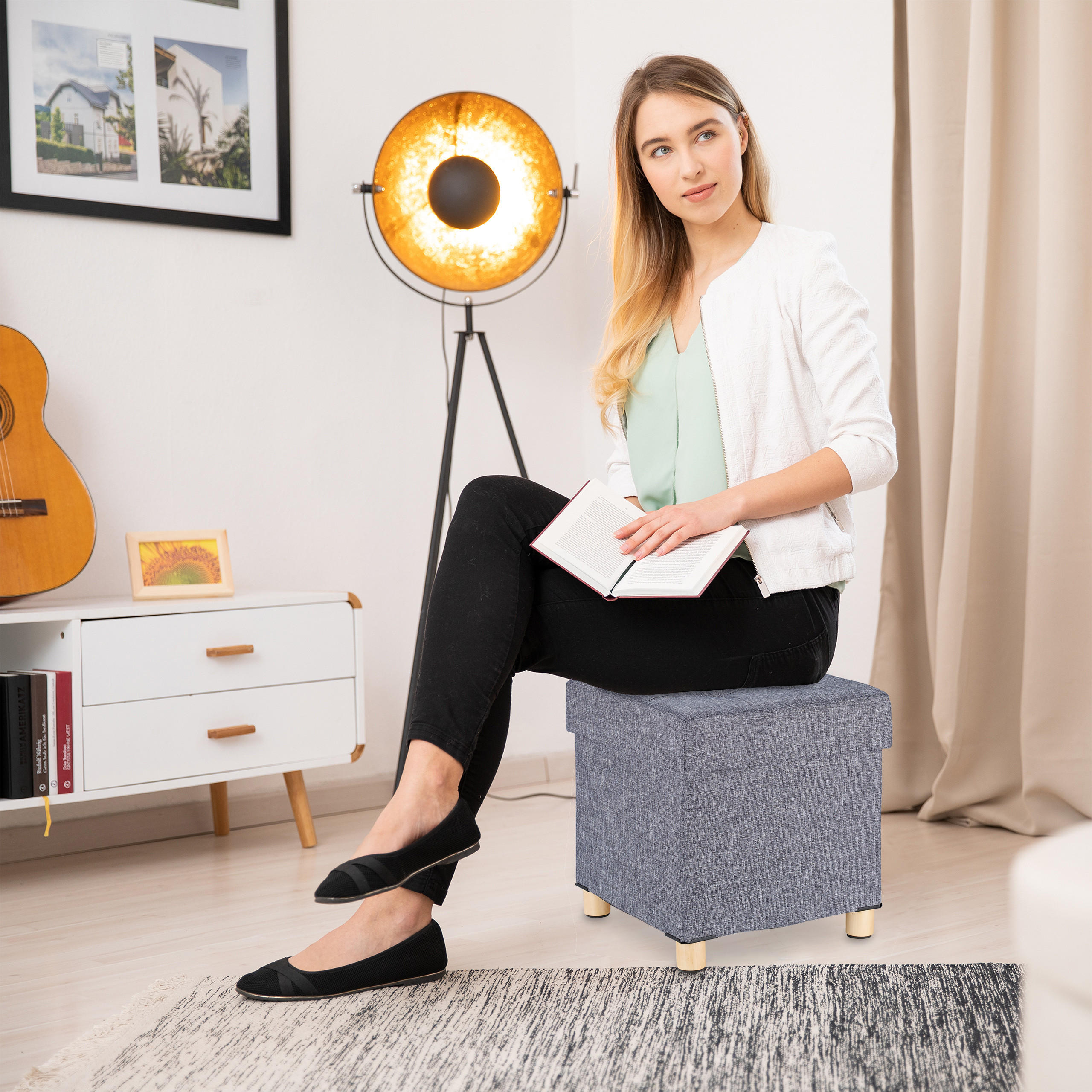SITZHOCKER - Grau, Holzwerkstoff/Textil (38/40/38cm) - Relaxdays