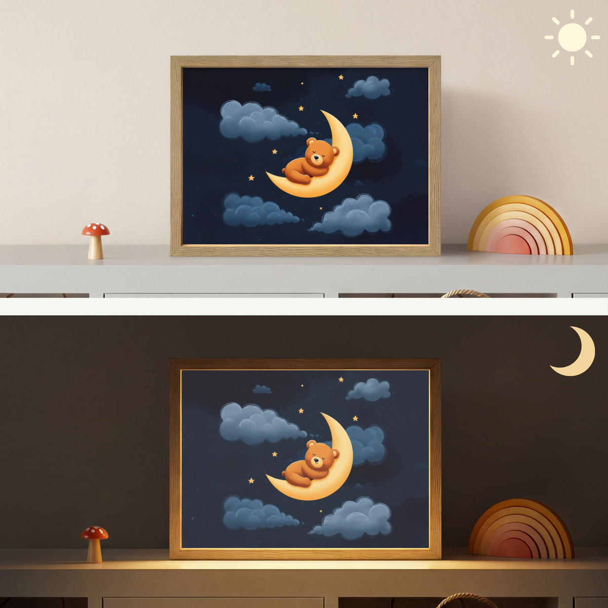 NÁSTĚNNÁ LAMPA S AKUMULÁTOREM Medvídek - Měsíc - Mraky - Hvězdy 40x30 cm - tmavě modrá, kompozitní dřevo (40/30/8cm) - OnlyWow