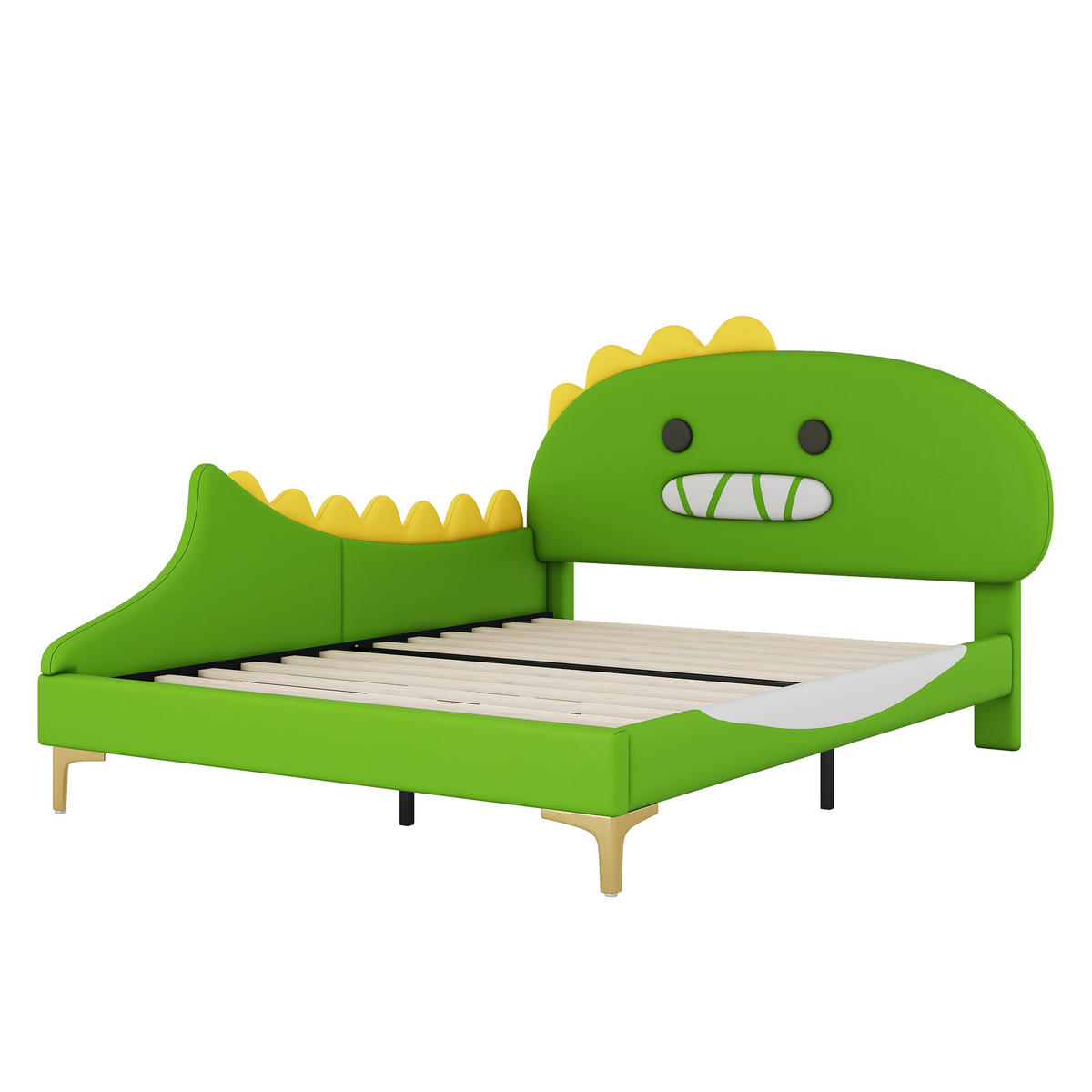 KINDERBETT 140 x 200 cm, Dinosaurier-Motiv, flaches Bett, PU-Material, grün - Grün, Kunststoff (140/200cm)
