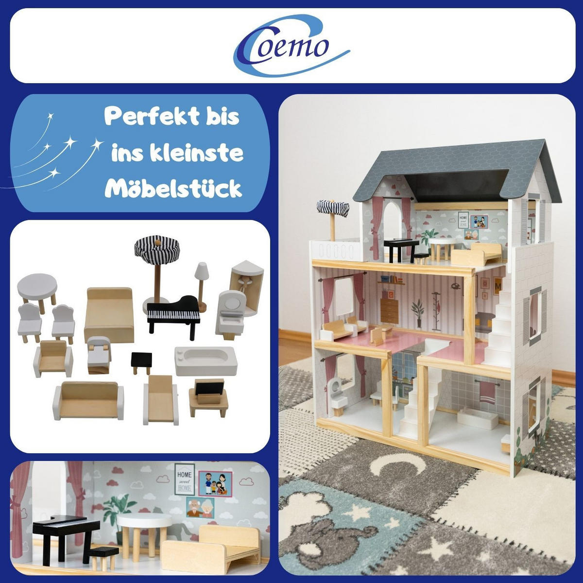PUPPENHAUS LARA Holz Villa möbliert 3 Etagen - Weiß, Holzwerkstoff (27/78/62cm) - Coemo