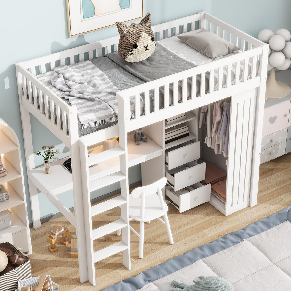 HOCHBETT 90/200 cm mit Schreibtisch und Kleiderschrank in Weiß - Weiß, Holz (90/200cm) - OKWISH