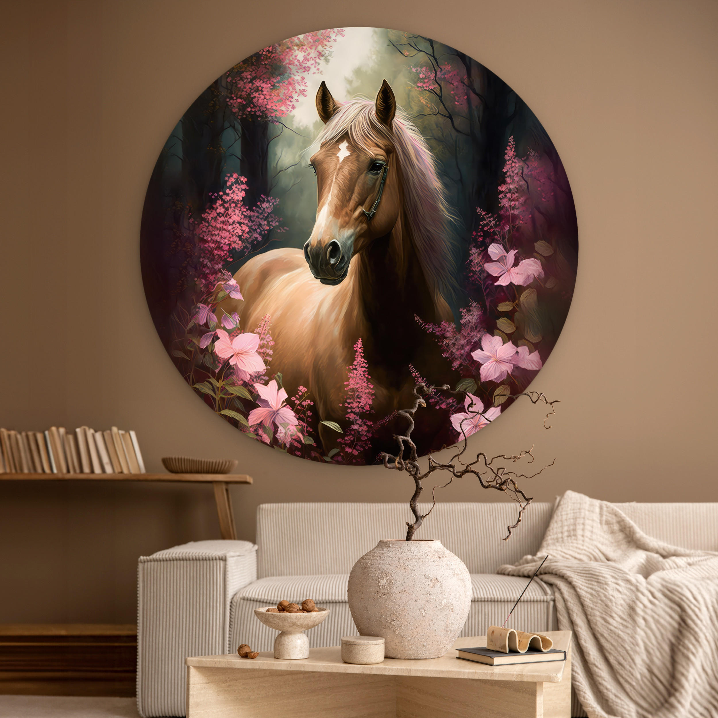 WANDBILD Pferd - Blumen - Rosa - Natur - Wald 120x120 cm - Altrosa, Kunststoff (120/120cm) - MuchoWow