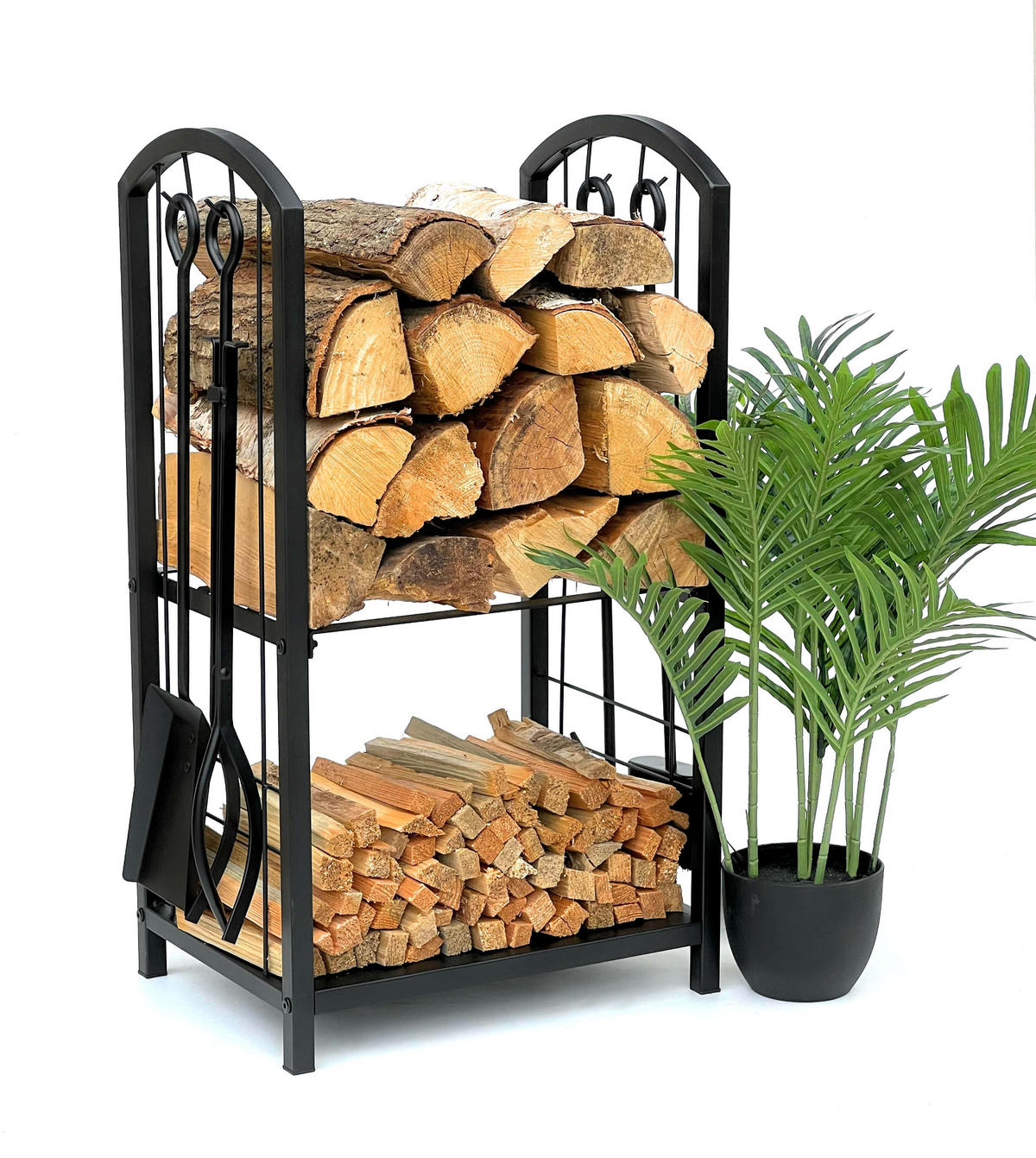 KAMINHOLZREGAL MIT Kaminbesteck Metall Schwarz 72 cm 96431 - Schwarz, Metall (40/72/30cm) - DanDiBo