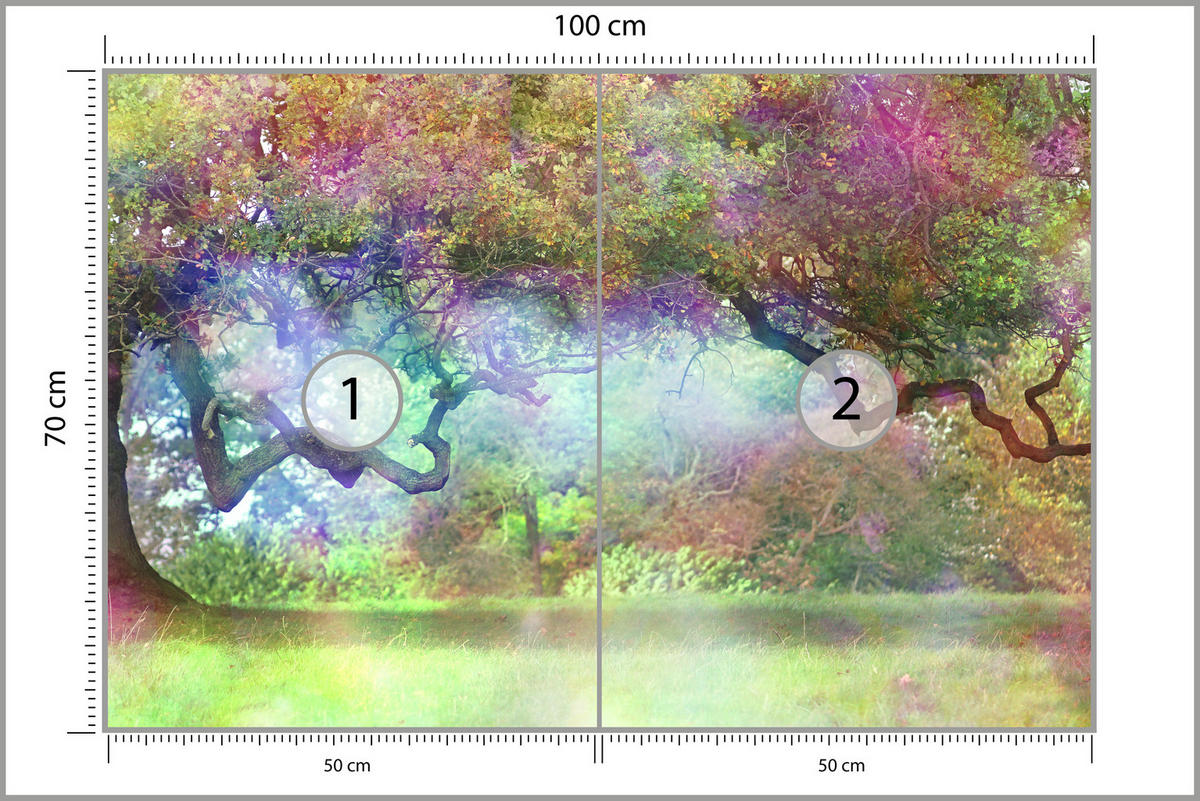 FOTOTAPETE für Kinderzimmer Magischer Bunter Wald Bäume Sträucher Blätter Pflanzen 100x70 - Gelb/Rot, Papier (100/70cm) - Muralo