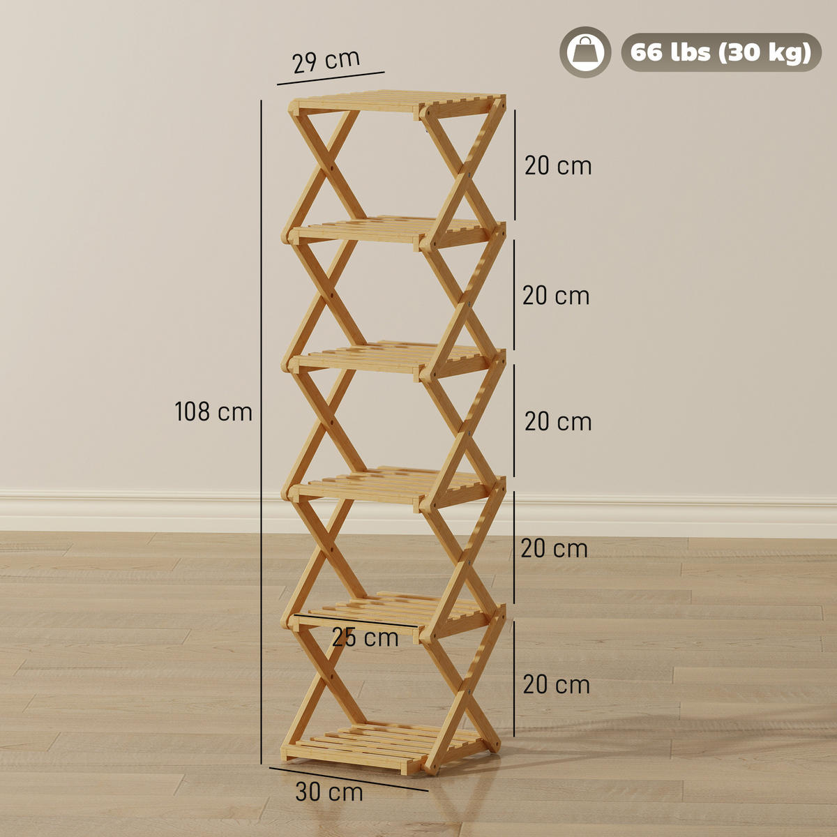 SCHUHREGAL klappbar Schuhständer mit 6 Ebenen aus Bambus für max. 9 Paar Schuhe - Naturfarben, Naturmaterialien (29/108/30cm) - HOMCOM