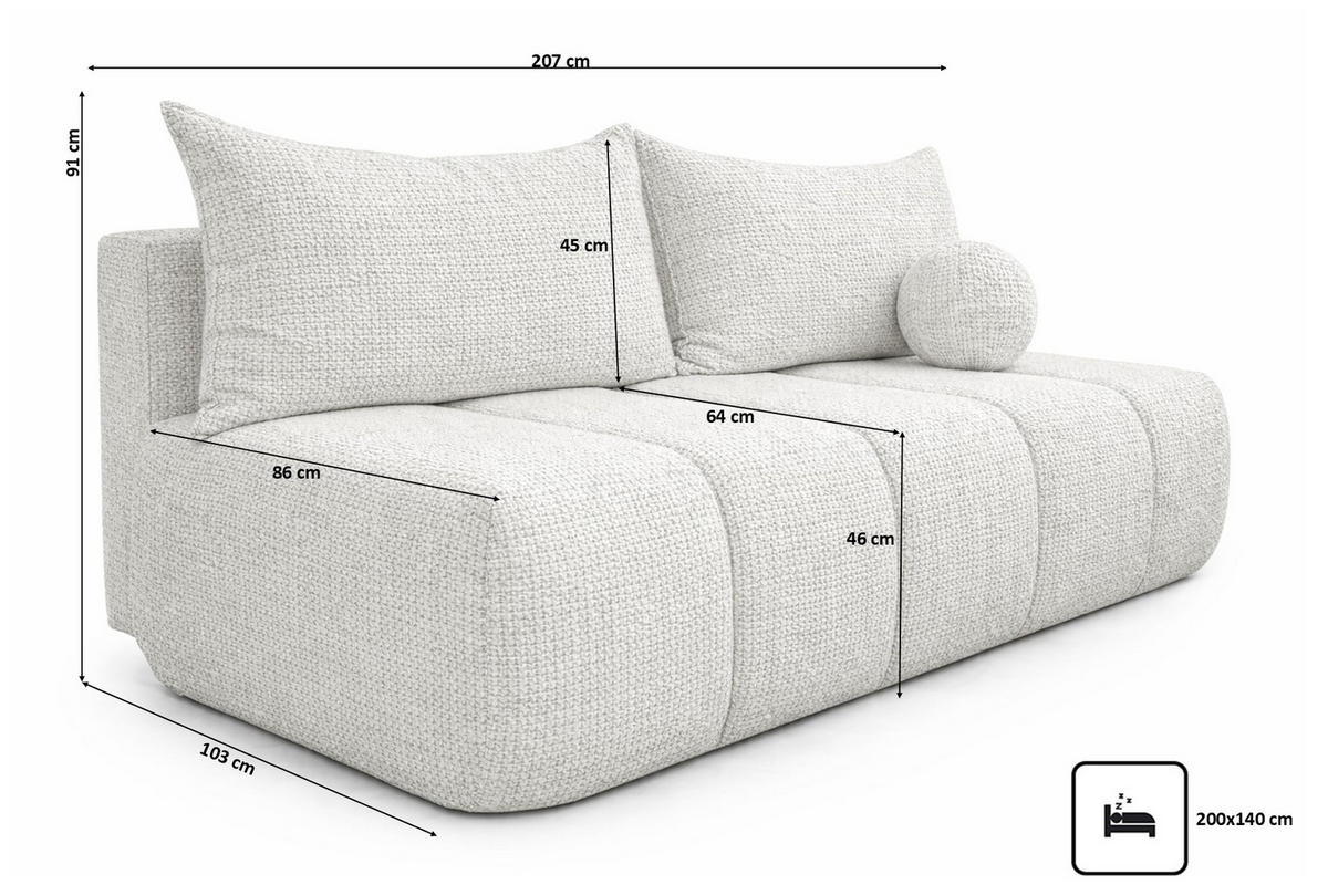 SOFA Mit Schlaffunktion Und Bettkasten, Chenille-Stoff Flow, Ecru, PIANO - Ecru, Holz (207/91/103cm) - Kaiser Möbel