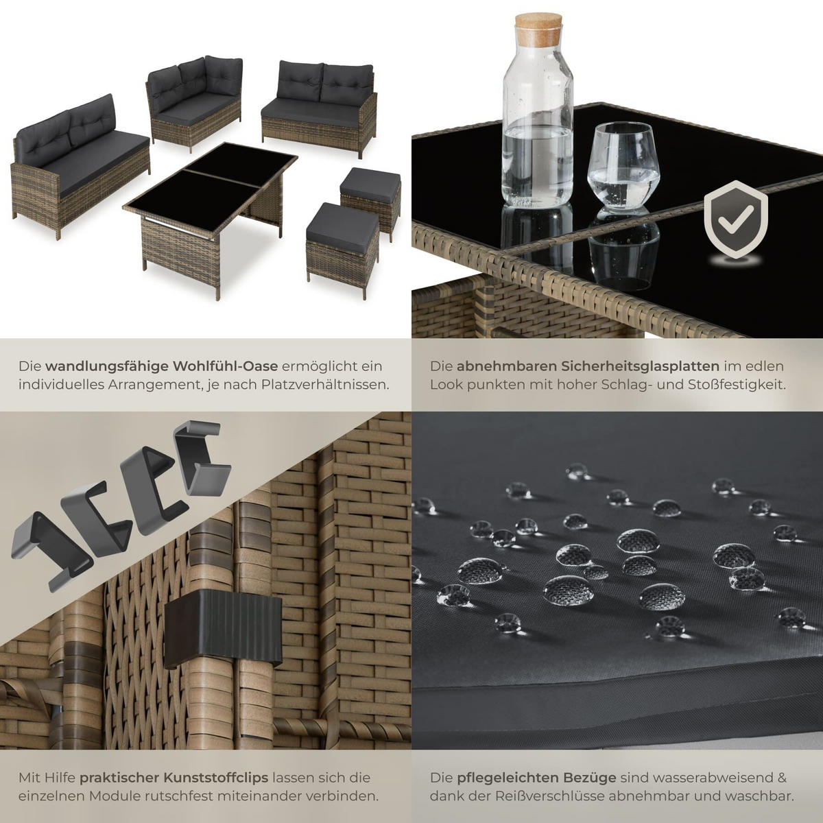 RATTANLOUNGE Barletta, mit Sicherheitsglasplatten, natur - Naturfarben, Kunststoff - tectake