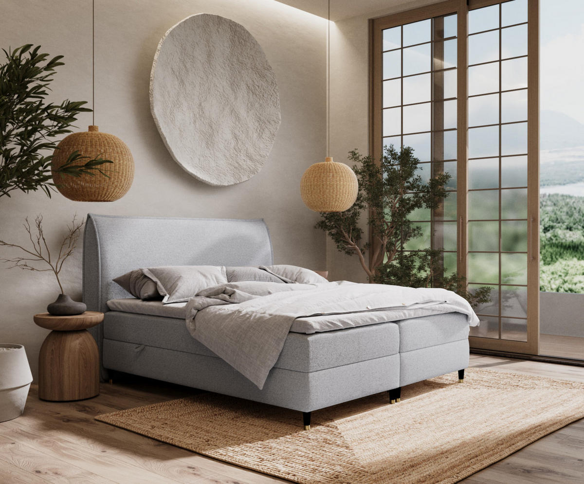 BOXBETT Melba Hellgrau 160/200 cm mit Bonellmatratze - Hellgrau/Schwarz, Holz/Holzwerkstoff (160/200cm) - Maison de Reve