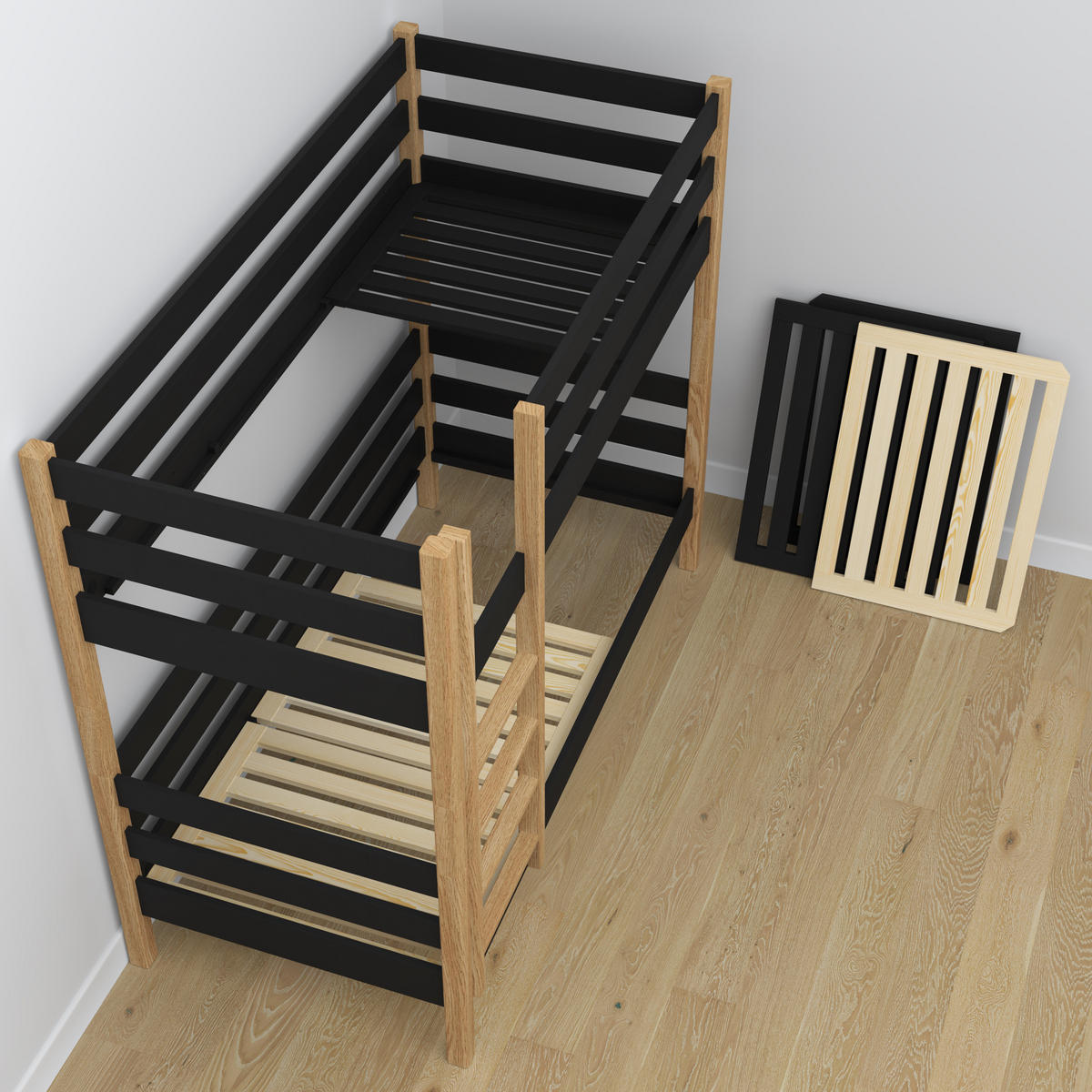 ETAGENBETT N01 Schwarz / Eiche Natur 80/190 - Schwarz/Eiche Artisan, Naturmaterialien/Holz (80/190cm) - N-Wood