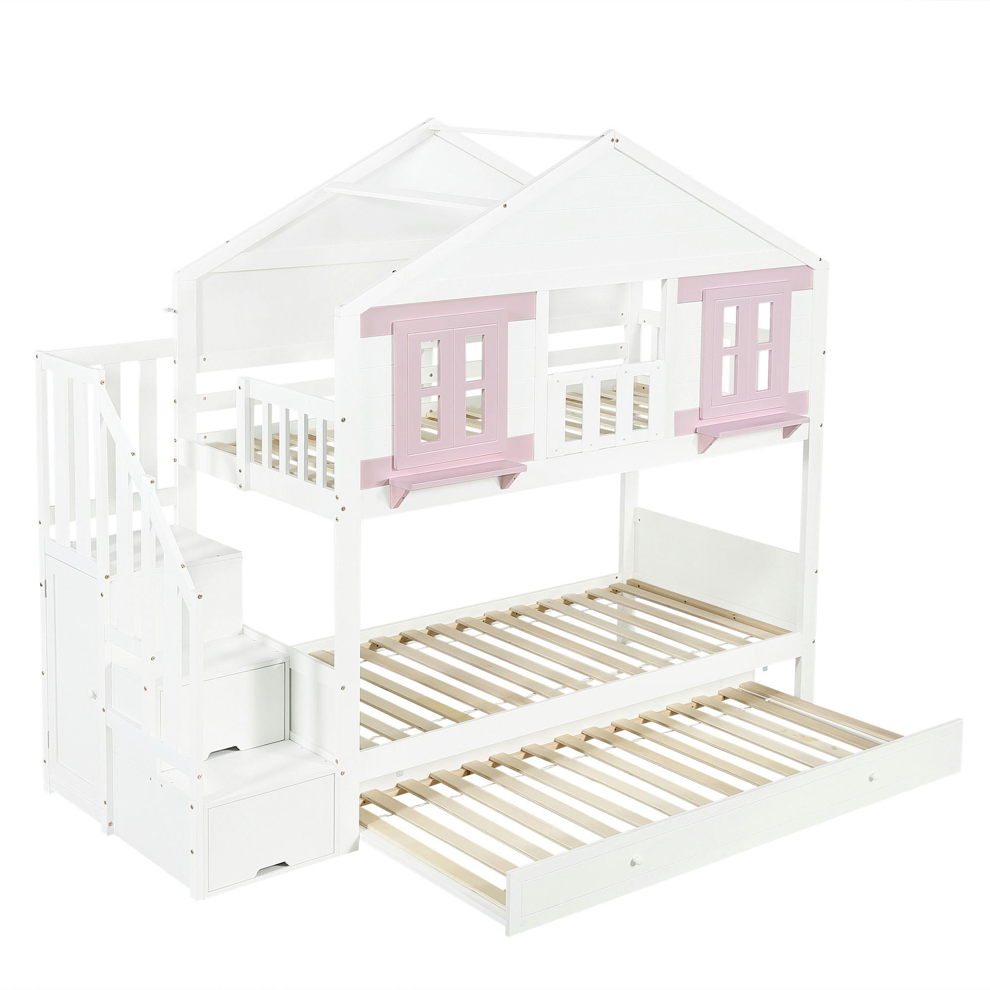 ETAGENBETT 90/200 cm Weiß+Rosa mit Ausziehbett 90/190 cm und Stauraumtreppe - Weiß, Holz (90/200cm) - Oxeza