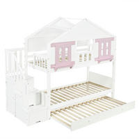 ETAGENBETT 90/200 cm Weiß+Rosa mit Ausziehbett 90/190 cm und Stauraumtreppe - Weiß, Holz (90/200cm) - Oxeza