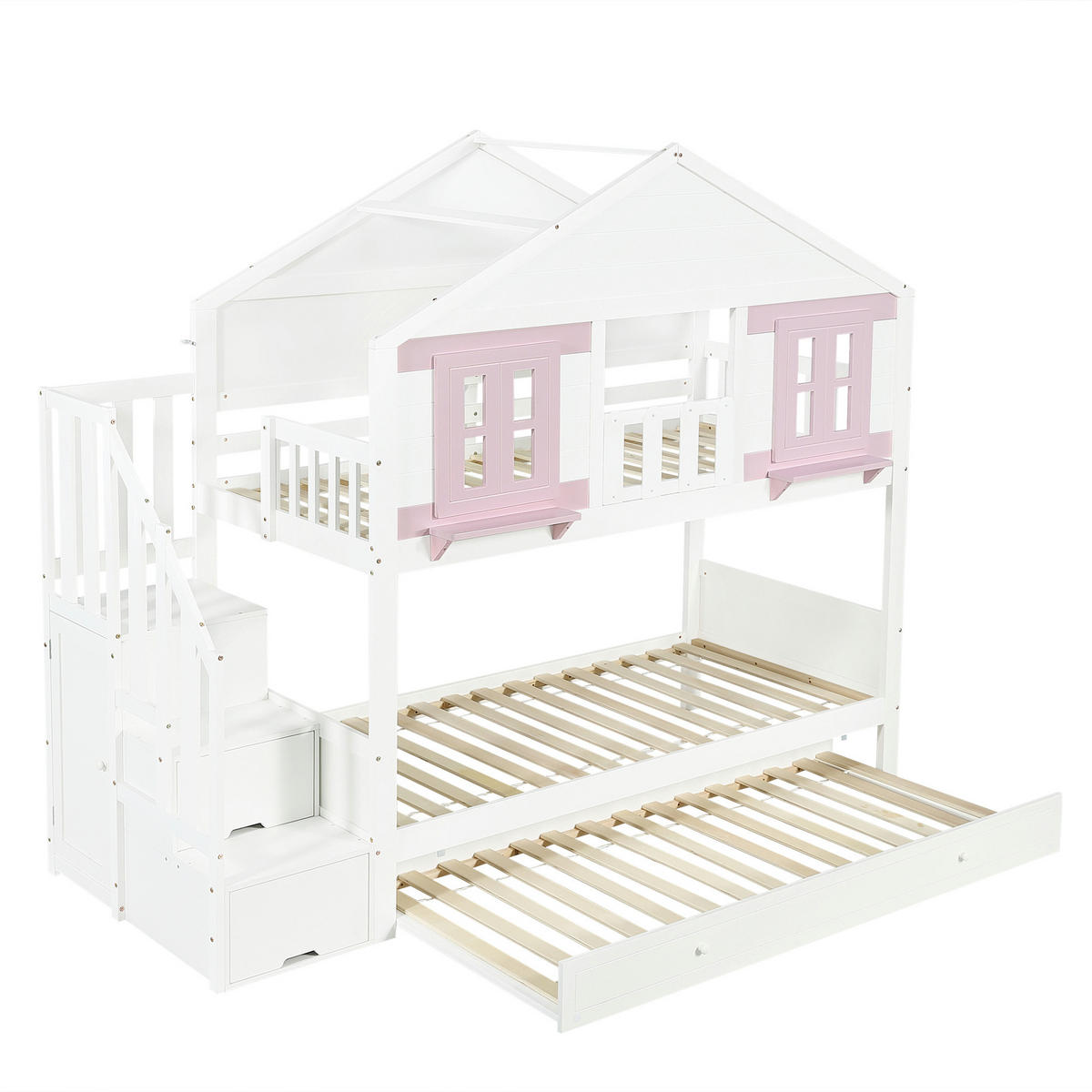 ETAGENBETT Mit Rollbett Weiß/Rosa 90x200 cm - Pink, Holz (90/200cm) - ComfortXL