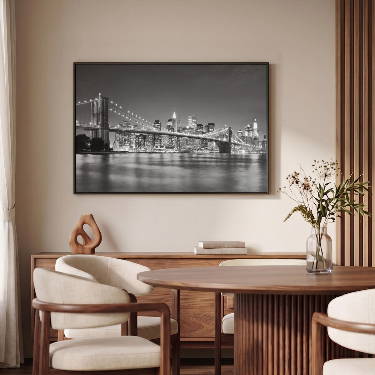 LEINWAND Bilder mit Rahmen - New York - Brücke - Brooklyn - Schwarz und weiß - Architektur - 90x60 - Schwarz, Textil (90/60cm) - MuchoWow