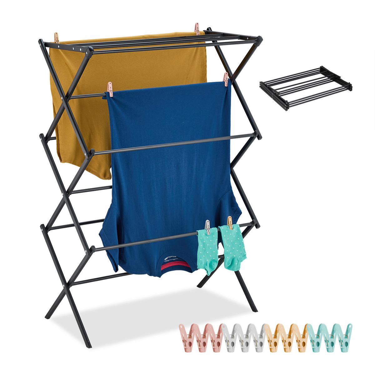 STOJAN na prádlo - čierna, kov/plast (74/105/37cm) - Relaxdays