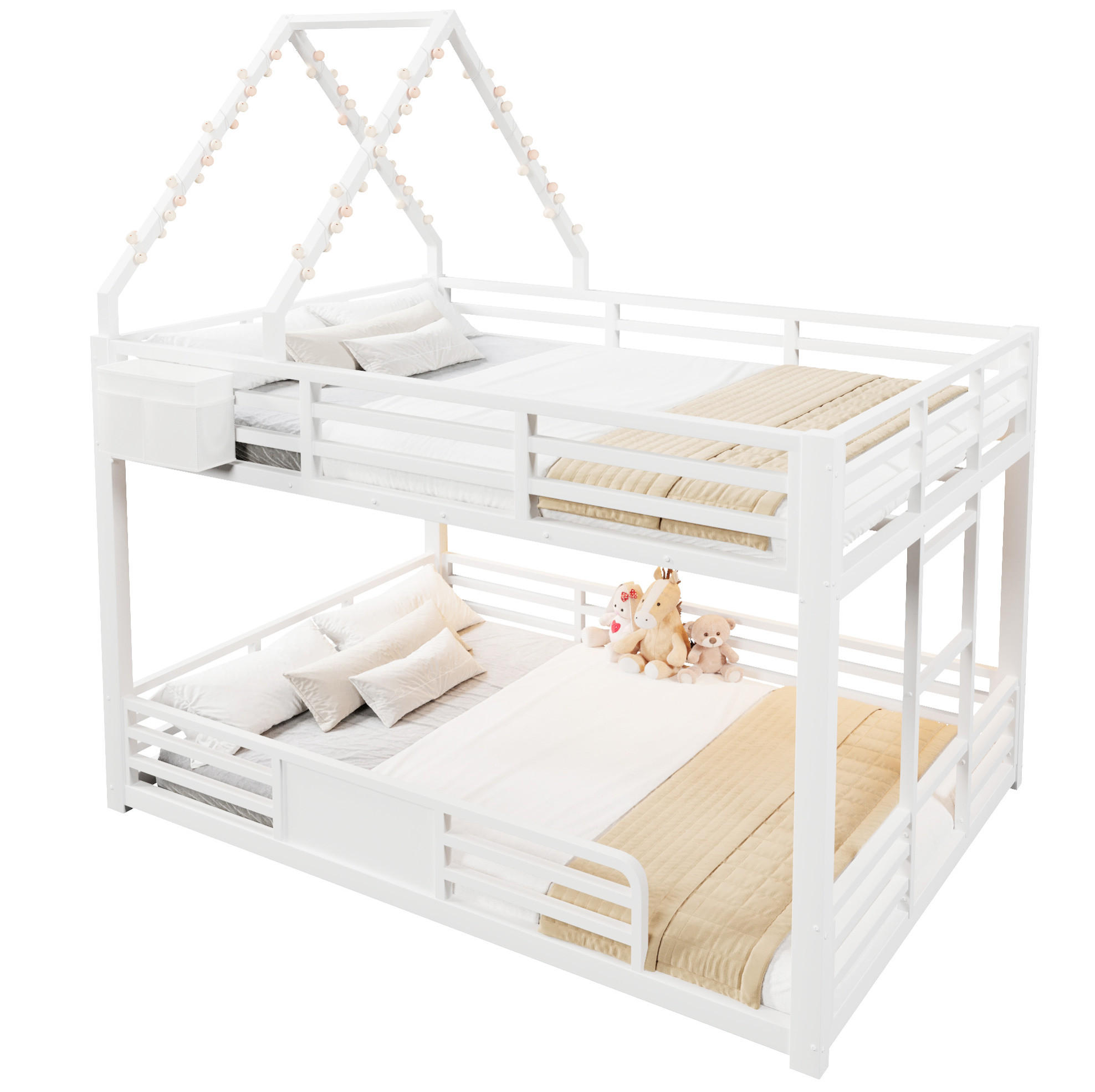 ETAGENBETT Metall & MDF 140x200 cm Weiß mit LED-Beleuchtung, Hausbett-Design und Stofftaschen - Weiß, Metall (140/200cm) - Modfu