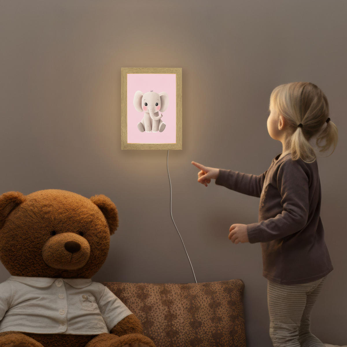 NACHTTISCHLAMPE Elefant - Baby - Rosa - Cartoon 15x20 cm - Rosa, Holzwerkstoff (8/15/20cm)