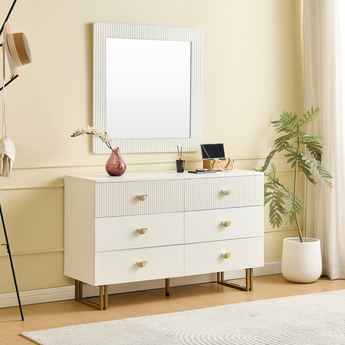 BOČNÍ skříň 120/40/75 cm bílá z MDF se zrcadlem 80/80 cm a 6 zásuvkami - bílá, kompozitní dřevo (120/75/40cm) - OKWISH