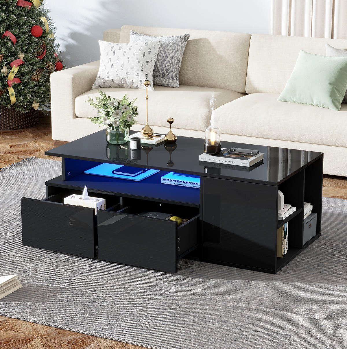 COUCHTISCH 100/50/35 cm in Schwarz mit LED-Beleuchtung und 2 Schubladen - Schwarz, Holzwerkstoff (100/50/35cm) - Flora Grace