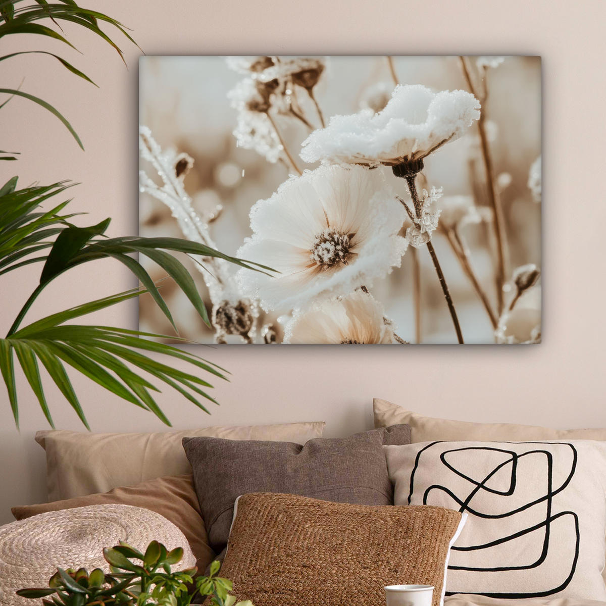 LEINWANDBILD Blumen - Winter - Weiß - Schnee - Beige Wandbilder 80x60 cm - Creme, Textil (80/60cm) - MuchoWow