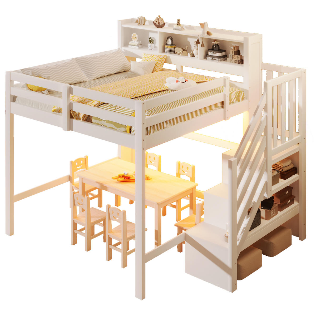 HOCHBETT 140/200 cm in Weiß mit LED, Stauraum und Ablageleiter - Weiß, Holz/Holzwerkstoff (140/200cm) - CHICFURN
