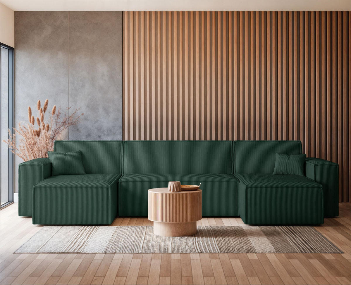 WOHNLANDSCHAFT Scarlo Dunkelgrün Cordbezug - Dunkelgrün/Schwarz, Kunststoff/Textil (312/83/145cm) - Selsey