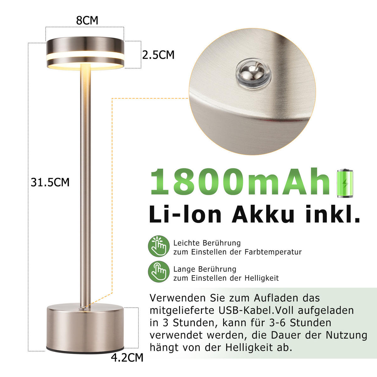 TISCHLEUCHTE Glanzel 8/31.5/8 cm - Silberfarben, Metall (8/8/31.5cm) - ZMH