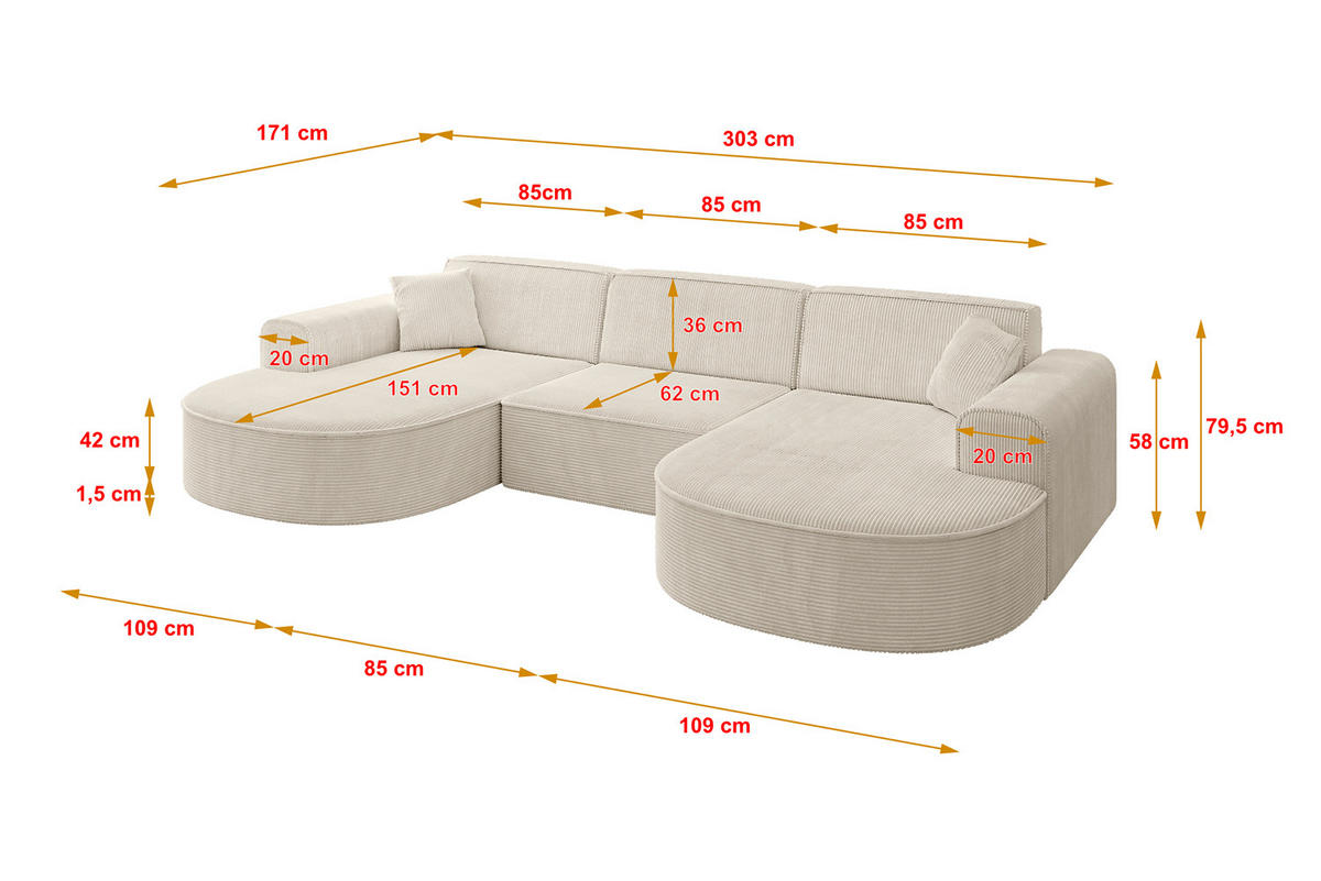 WOHNLANDSCHAFT MARI-U1 - 303x171x79 cm Beige Cord - Beige/Schwarz, Holzwerkstoff/Kunststoff (303/79/171cm) - ALTDECOR