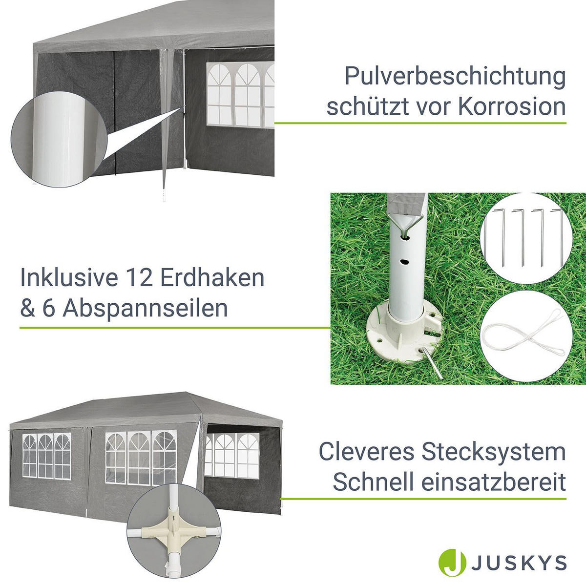 PARTYZELT Gartenzelt dunkelgrau 3x6 m - Grau, Metall (300/250/600cm) - Juskys