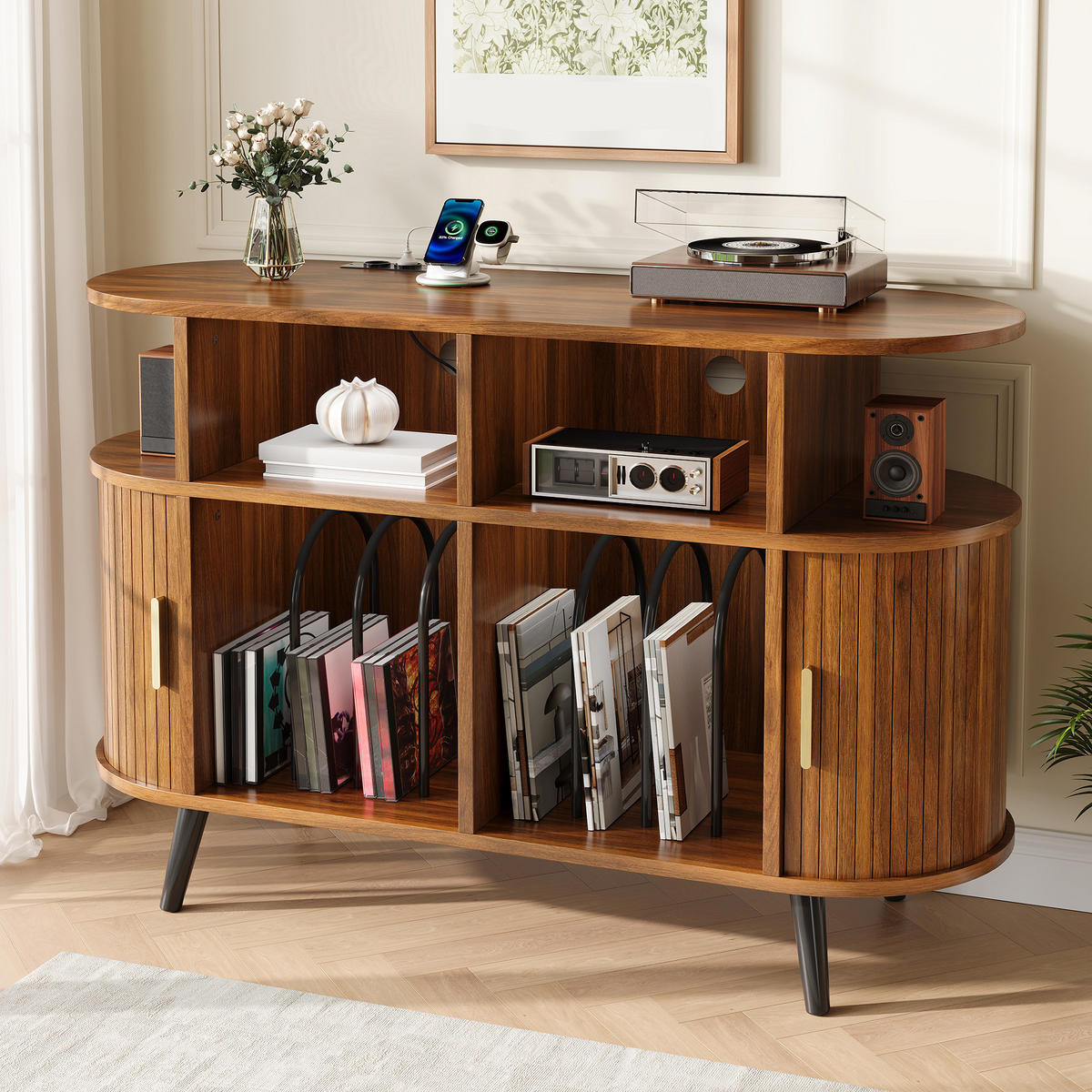 TV-SCHRANK MDF mit Schiebetür und Ladestation - Walnussfarben, Holzwerkstoff (110/76/40cm) - FLIEKS