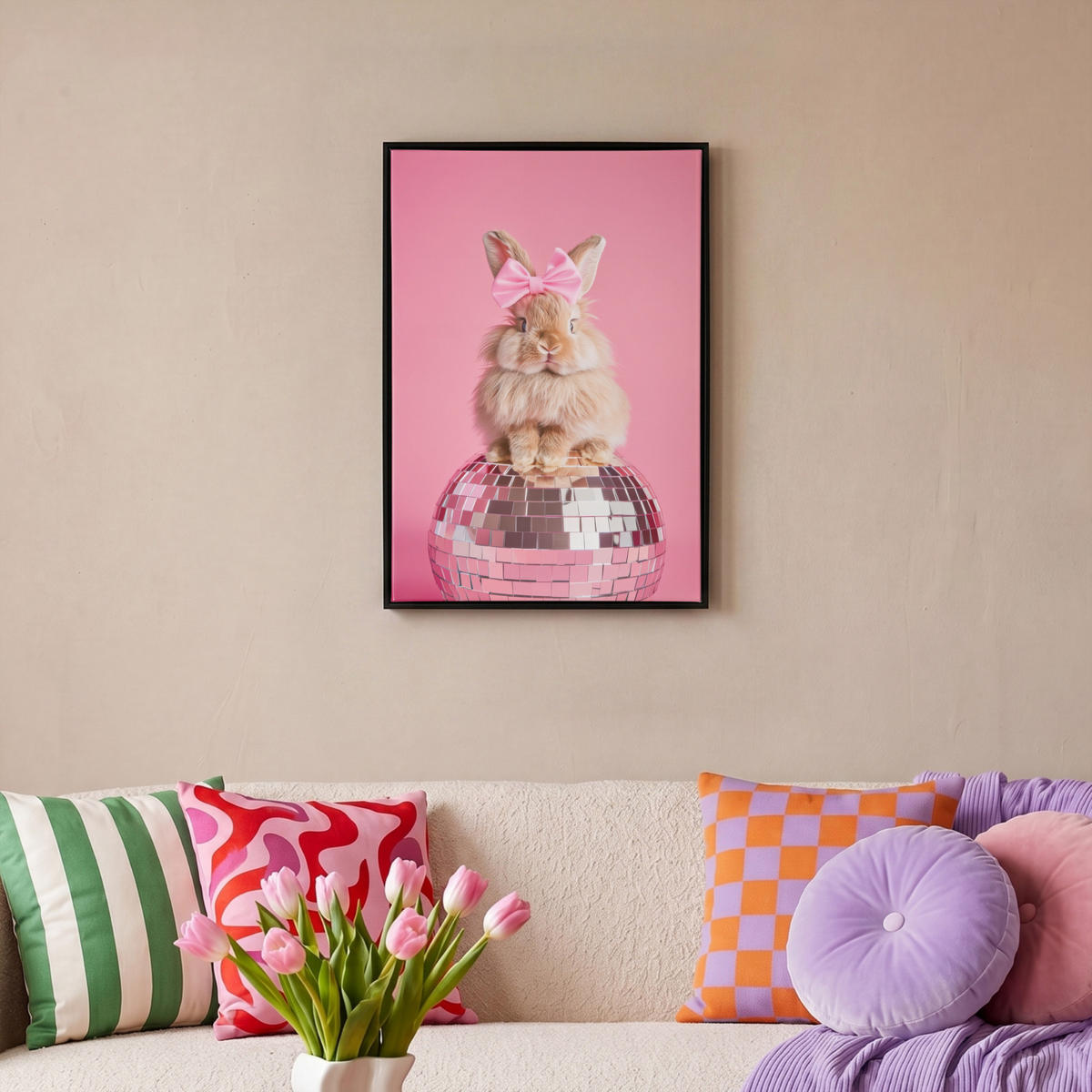 LEINWAND Bilder mit Rahmen - Schleife - Discoball - Kaninchen - 40x60 - Pink, Textil (40/60cm) - MuchoWow