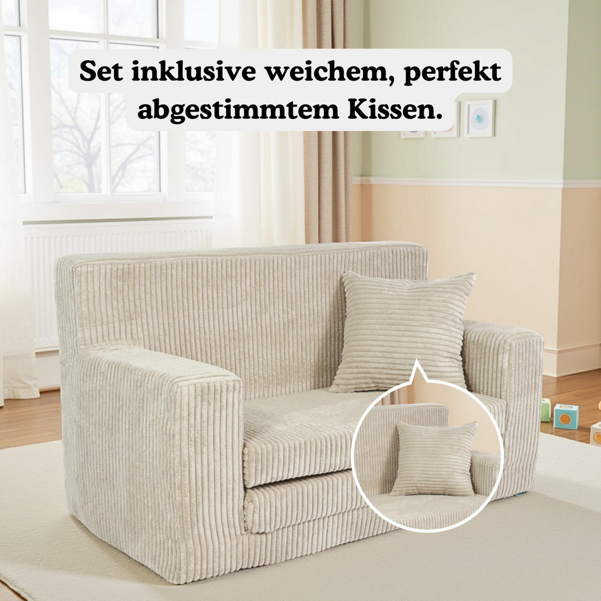 KINDERSOFA aus Kuschel-Cord in Beige - Beige, Textil (83/47/43cm) - Fortisline