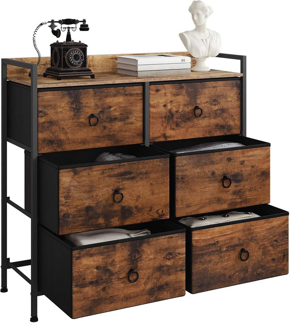 KOMMODE mit 6 Schubladen, Industrial Stil, Vintagebraun - Dunkelbraun/Schwarz, Holzwerkstoff/Kunststoff (80/78/29cm) - Woltu