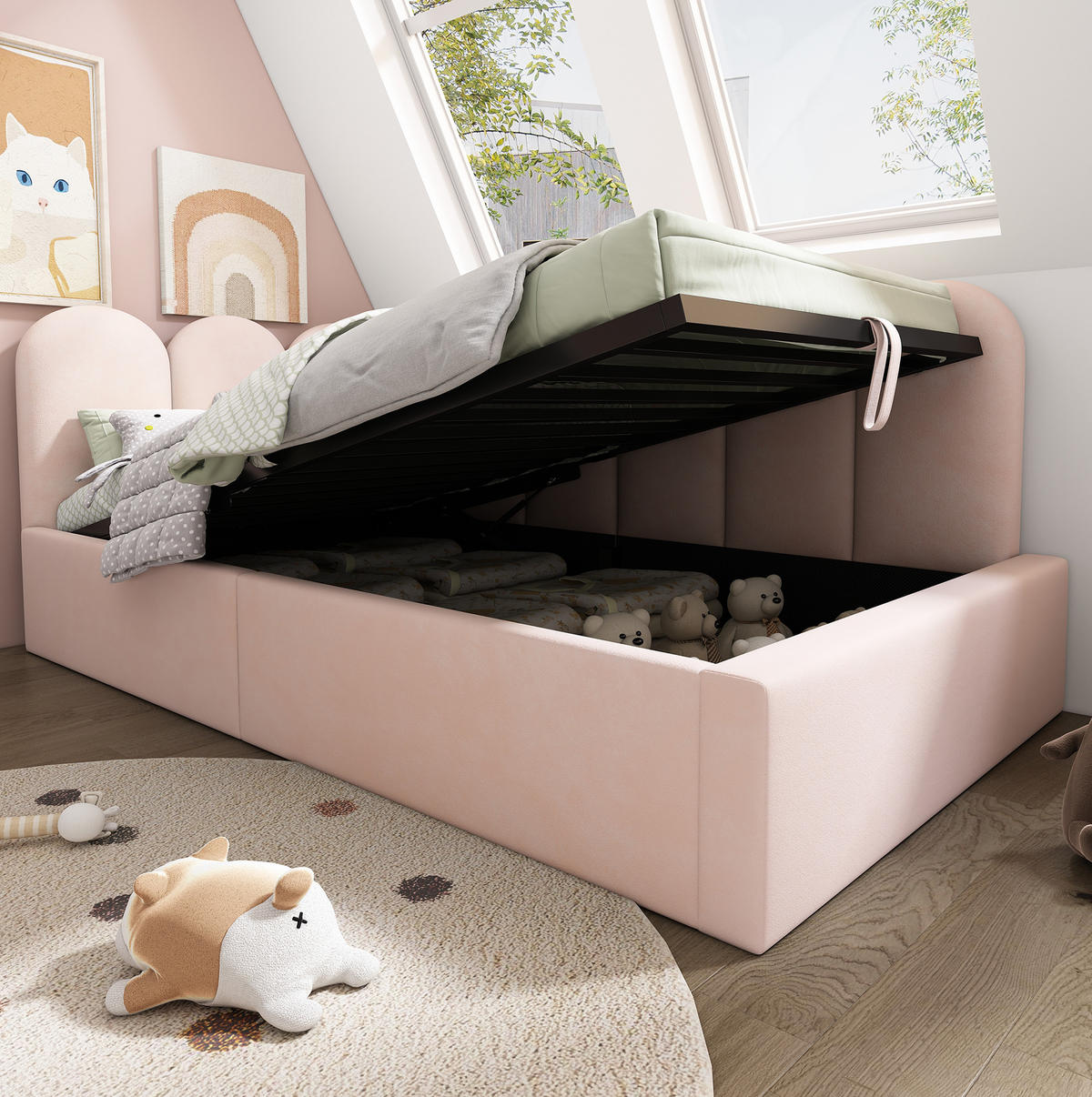 POLSTERBETT 90/190 cm aus Samt in Rosa mit Stauraum - Pink, Textil (90/190cm) - Flora Grace