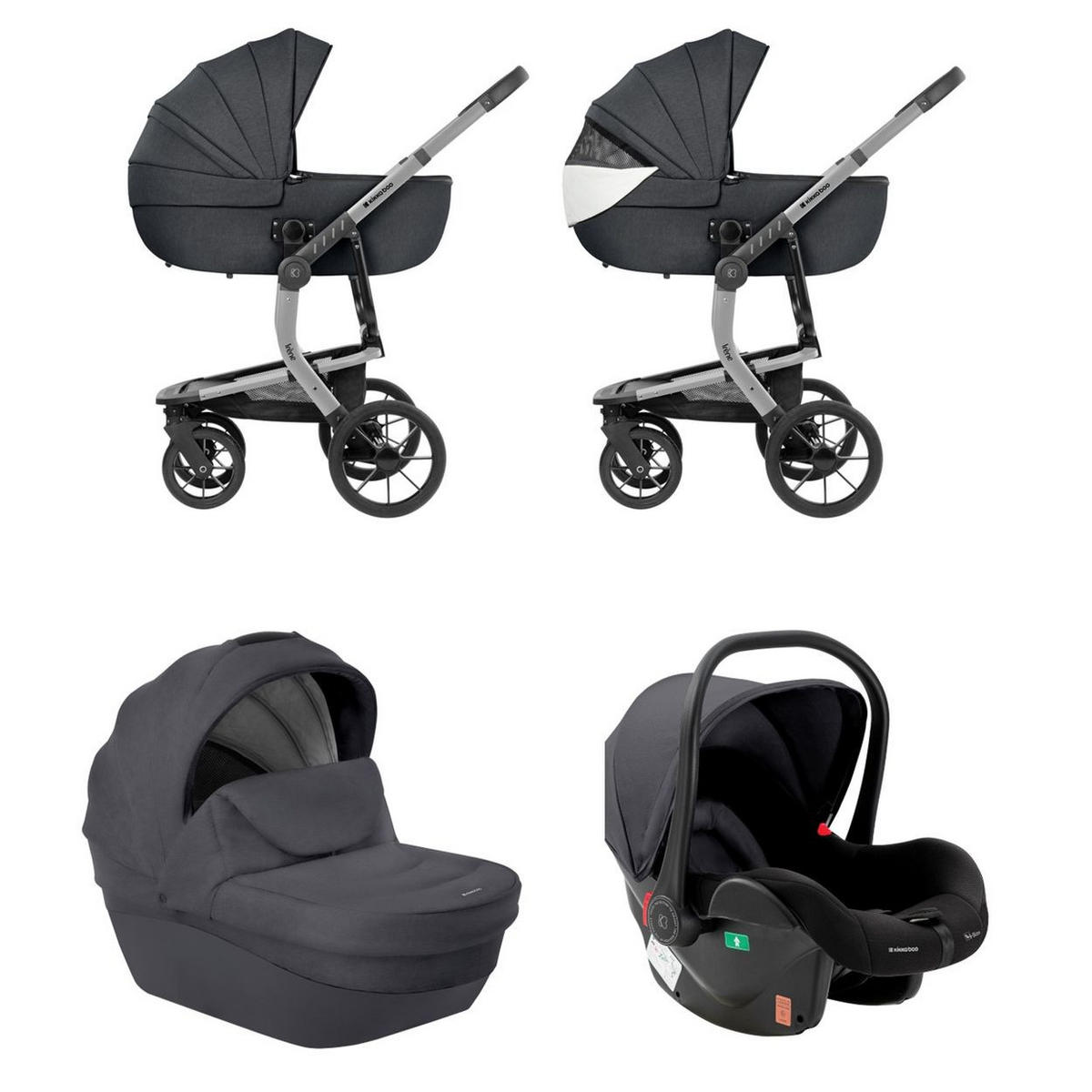 KOMBIKINDERWAGEN Irene 3 in 1 dunkelgrau Babywanne Autositz Adapter Wickeltasche - Grau, Metall (63/63/107cm) - Kikka boo