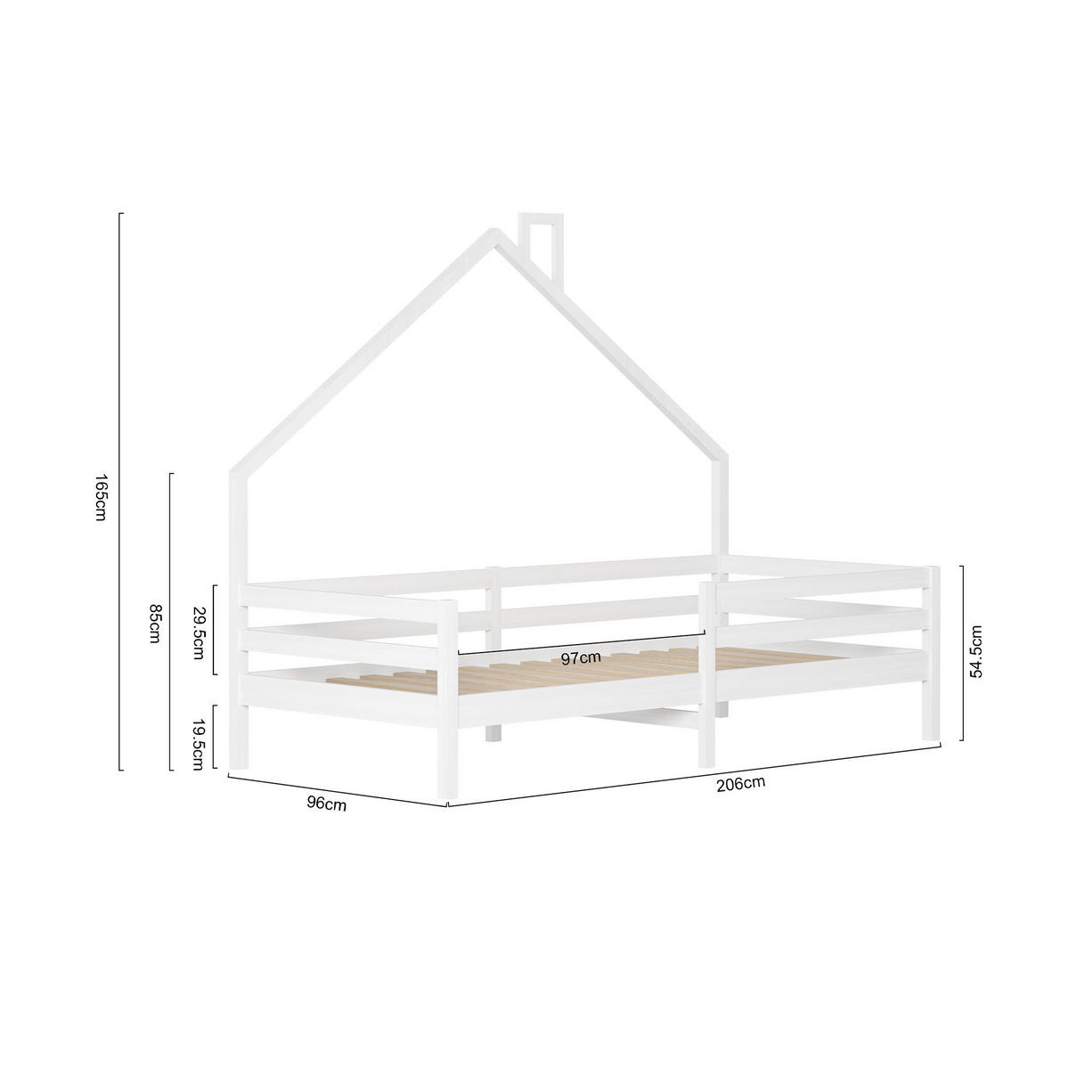 HAUSBETT 90x200cm mit Rausfallschutz und Lattenrost, Weiß - Weiß, Holz (90/200cm)