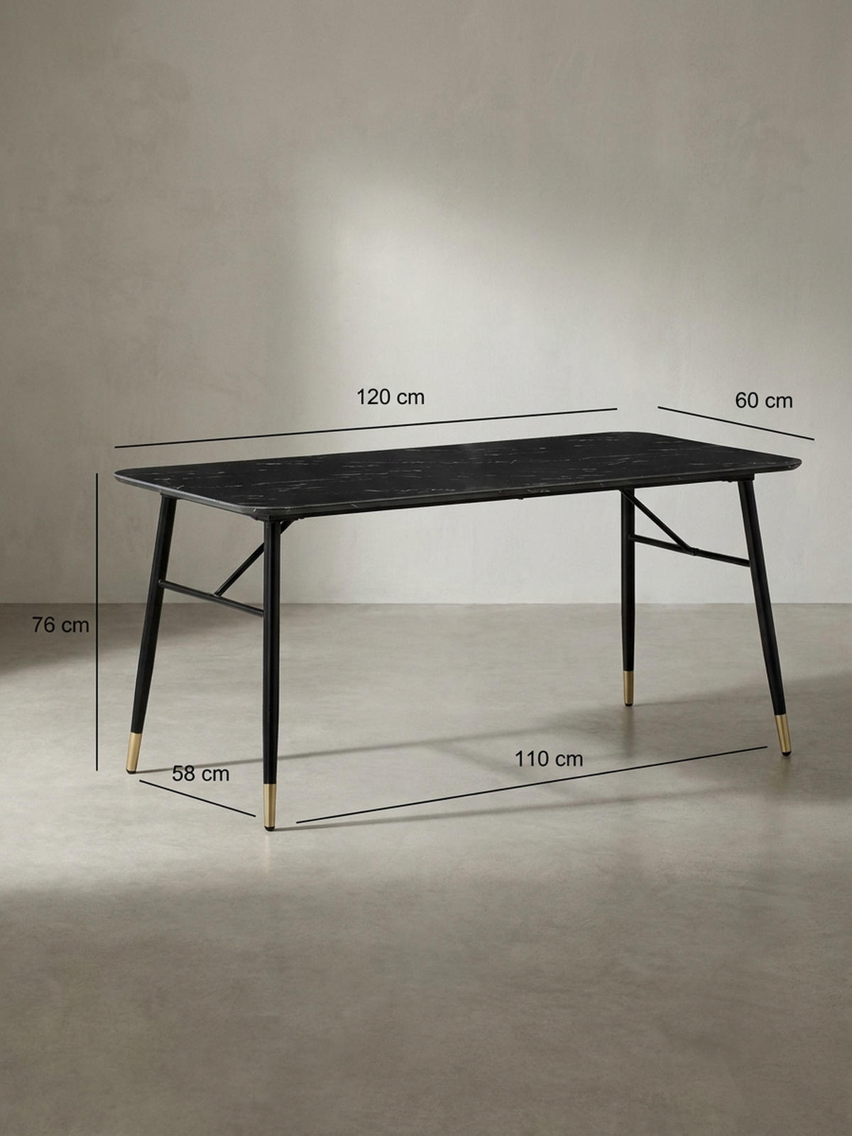 ESSTISCH Marmoroptik Metall Rechteckig Modern Klein, Schwarz 120x60x76 cm - Goldfarben/Schwarz, Holzwerkstoff/Metall (60/120/76cm) - KADIMA DESIGN