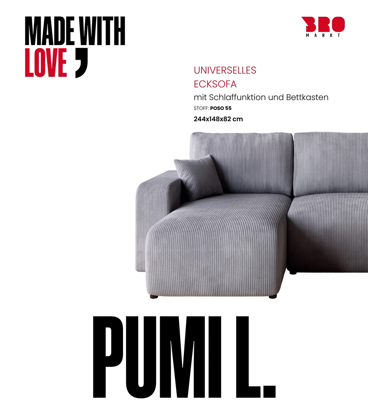 ECKSOFA PUMI mit Schlaffunktion Hellgrau Cord - Hellgrau, Textil (244/148cm) - Bromarkt