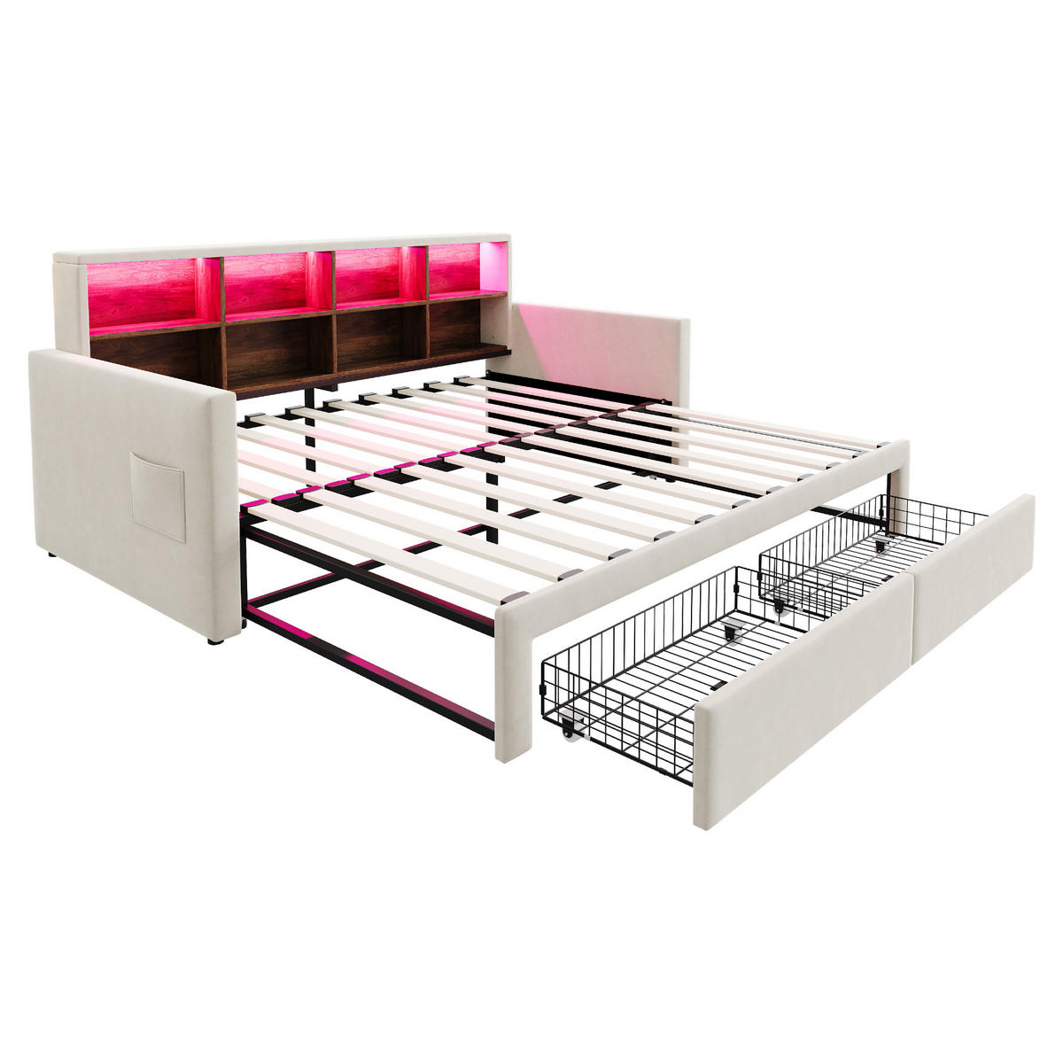 AUSZIEHBETT 90/180/190 cm DE-02121, in Beige, mit LED, Staufächern und 2 Schubladen - Beige, Metall (90/190cm) - ComfortXL