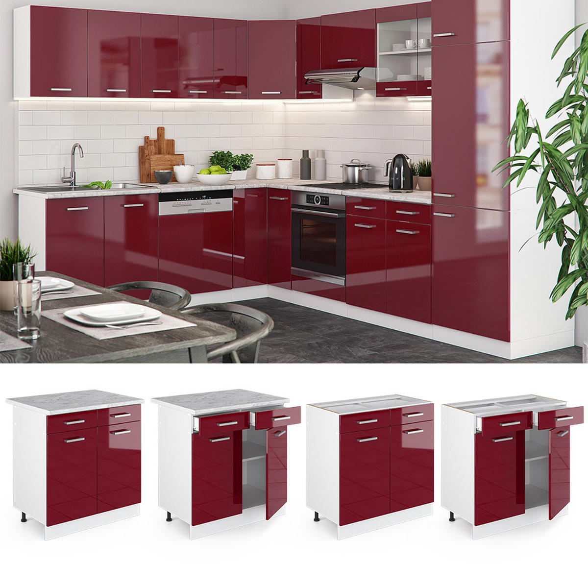KÜCHENUNTERSCHRANK R-Line Rot Hochglanz 80 cm , AP Marmor - Rot/Weiß, Holzwerkstoff (80/81.6/60cm) - Vicco