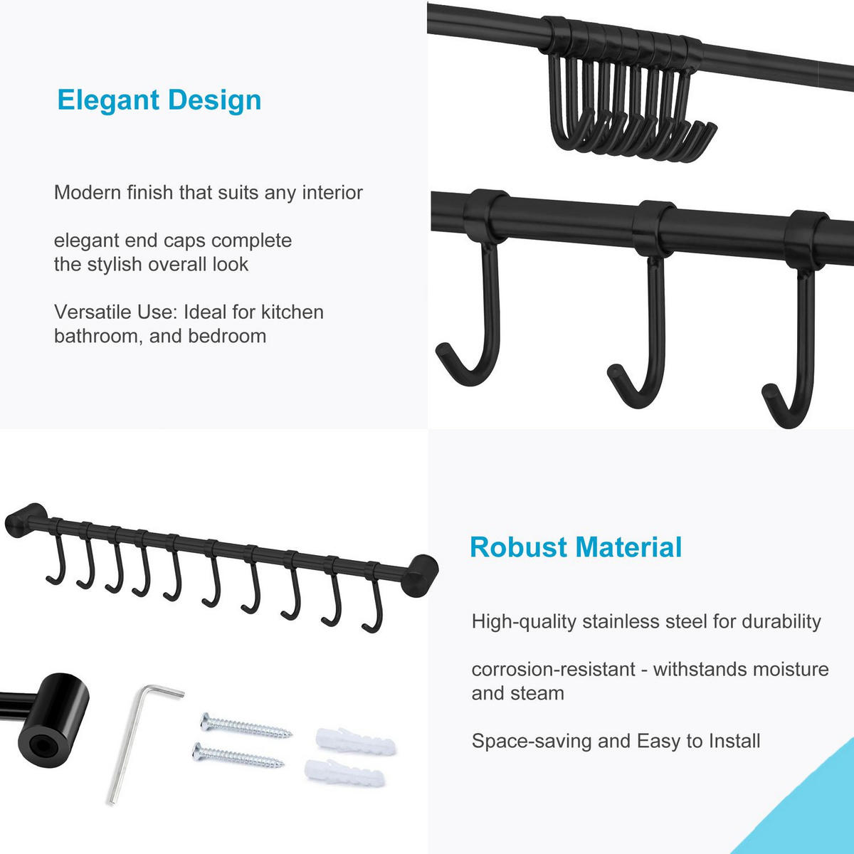 KÜCHEN HAKENLEISTE mit 9 Haken - Schwarz, Metall (3.4/2.2/49.8cm) - Intirilife