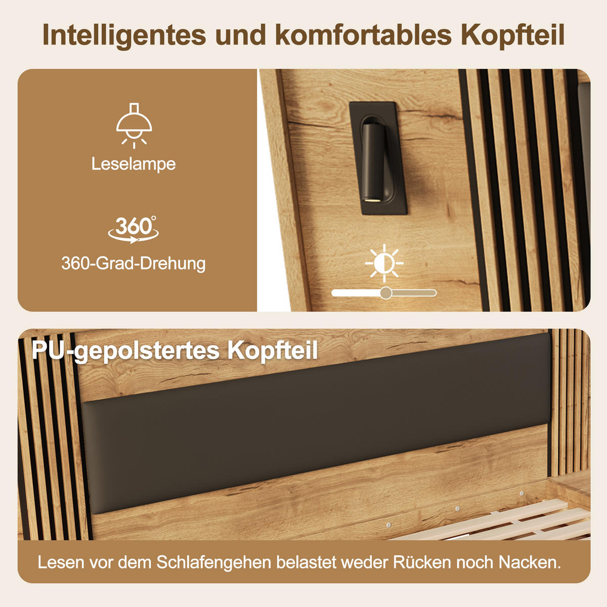 BETT 160/200 cm in Natur mit Schublade, Stauraum, Leselampen und Nachttischen MDF modern - Naturfarben, Holzwerkstoff (160/200cm) - STILVORA
